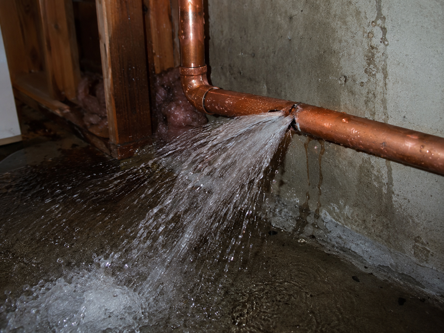 Burst copper pipe water damage cleanup
